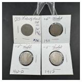 V-Nickel 4 coin Lot: (1910-11-12-12D)