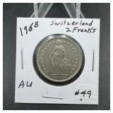 1968 AU Swiss 2 Franks coin