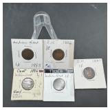 Lot of five early Indian Head Pennies (1882, 83, 8