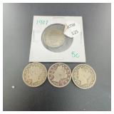 Four Liberty Head Nickel Coins 1899ï¿½1910