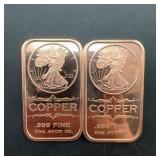 (2x Bid) Two .999 Fine Copper 1 Oz Bars, Walking L