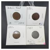 4 Indian Head Cents: 1882, 1883, 1887, 1906