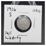 1916-S Barber Dime Silver US Coin Full Liberty
