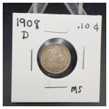 1908-D Barber Dime MS Condition US Coin