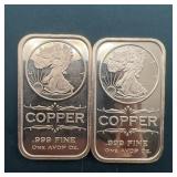 (2x Bid) .999 Fine Copper Bars 1 AVDP Oz Each