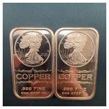 (2x Bid) Two .999 Fine Copper Bars One AVDP Oz Eac
