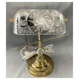Brass banker's lamp with pinwheel crystal shade