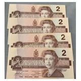 (4) 1986 Canada uncirculated 2 dollar notes