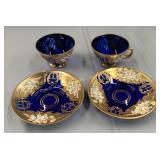 (2) Murano Venetian cups & saucers, cobalt blue