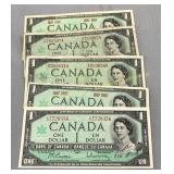 (5) Bank of Canada Centennial one dollar notes