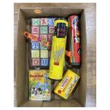 Wooden blocks, Pick-up Sticks, Donald Duck book &