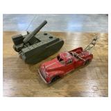 Toy metal tow truck & wooden tank
