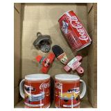 Coca Cola mugs, clips, bottle opener, BSU can