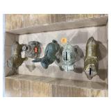 Assorted metal banks: lions, building, rabbit,