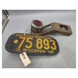Vintage Rear Tail Light w/ 1942 WI License Plate