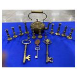 Brass Candlesticks, Teapot and Keys