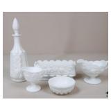 Milk Glass Decanter +/ 5 pc