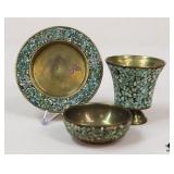 Copper w/ Mosaic Inlay Cup, Bowl, & Underplate