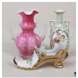 Pink Luster Vase & Porcelain Figurines / 3 pc