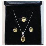 Sterling Citrine Necklace, Ring & Earrings Set