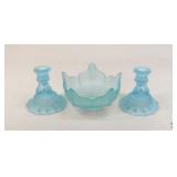Pair of Satin Glass Candlesticks & Lotus Bowl