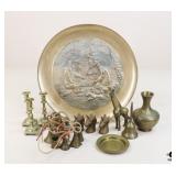 Brass Charger, Figurines, Bells, etc. Brass Charger, Figurines, Bells, etc.