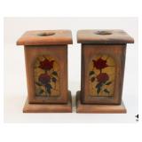 Pair of Wood & Painted Glass Candle Lanterns