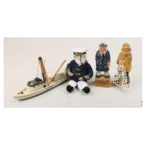 Fisherman and Fishing Boat Figures / 4 pcs