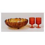 Amber Glass Footed Bowl W/Orange Goblets / 3 Pc