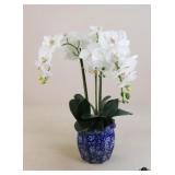 Artificial Orchid in Blue/White Planter