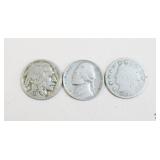 V Nickel, Buffalo Nickel & 1939 Nickel / 3 Coins