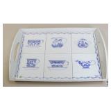 Blue & White Wood Serving Tray with Tile Inserts