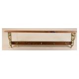 Wood & Brass Wall Shelf w/Hooks