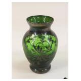 Green Glass Vase W/Overlay Design