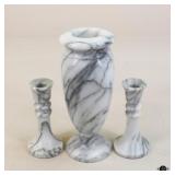 Marble Vase & Candleholders / 3 Pc