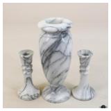 Marble Vase & Candleholders / 3 Pc