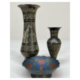 Engraved Metal Vases & Trinket Bowl / 3 pc