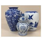 Blue & White Ceramic Vases & Temple Jar / 3 pc