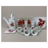 Black Bernarda "Poinsetta" Planter, Napkin Rings +