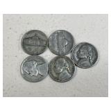 Jefferson Nickels 35% Silver War Nickels / 5 Coins