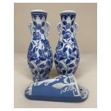 Blue & White Ceramic Wall Pockets / 3 pc