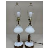 Pair Of Wood & Milk Glass Lamps