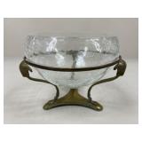 Glass Bowl w/ Brass Rams Head Stand