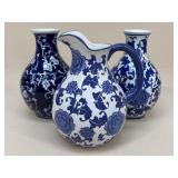 Blue & White Ceramic Pitcher & Vases / 3 pc