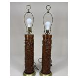 Pair Of Brass & Wood Carved Lamps