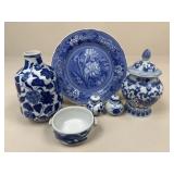 Blue & White Ceramics/ Shakers, Urn, Plate +