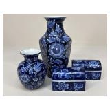 Blue & White Ceramic Vases & Trinket Boxes|4 pc