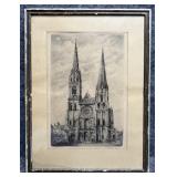 Chartres Cathedral in France Vintage Print Signed