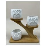 Ceramic Owl Planters w/ Wooden Stand