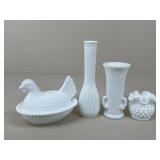 Milk Glass Hen On Nest & Vases / 3 pc